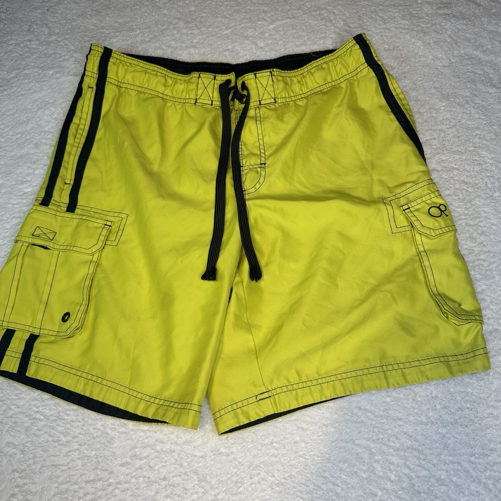 OP Ocean Pacific Board Shorts Swim Trunks Mens Size Large Yellow W Grey Stripes‎